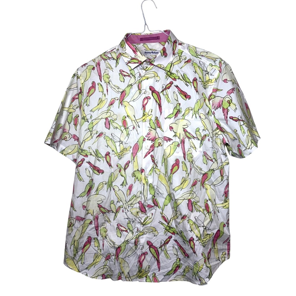 Tommy Bahama Loro Fiesta Shirt Men M White Parrot Sketch Reverse Pr 182-T319872